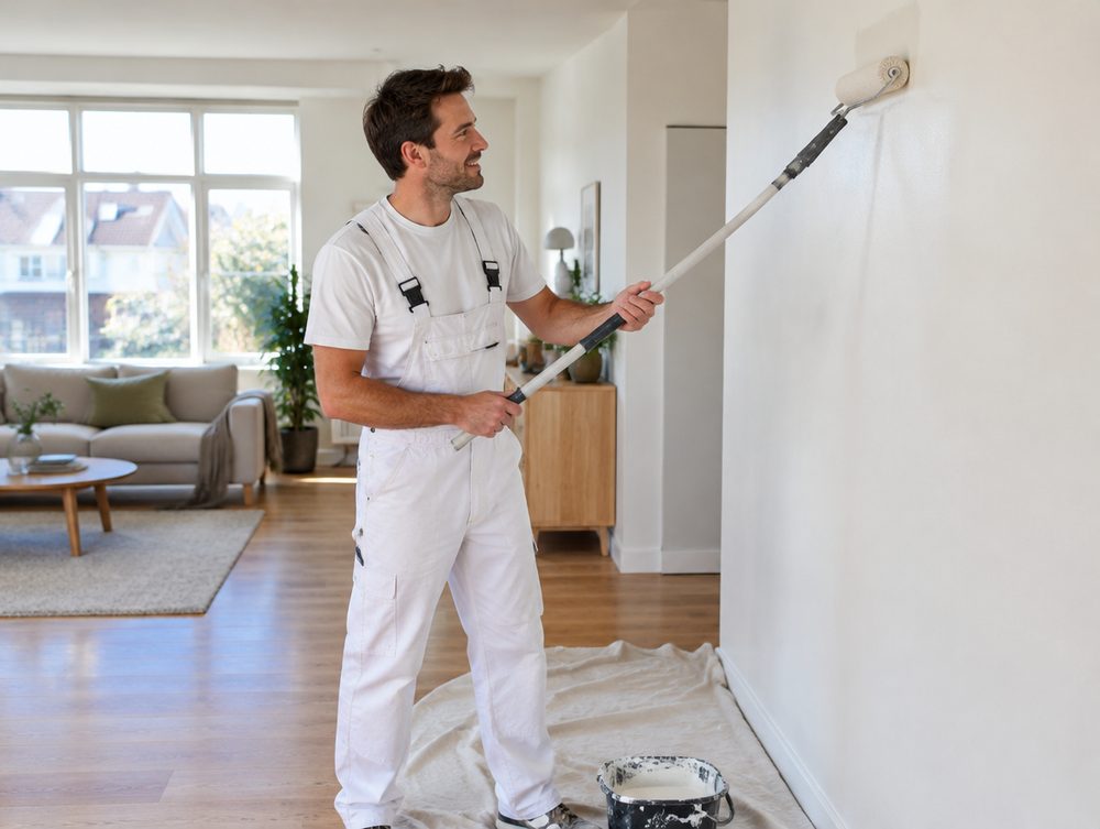 Schilder rolt verf op een muur in een woonkamer